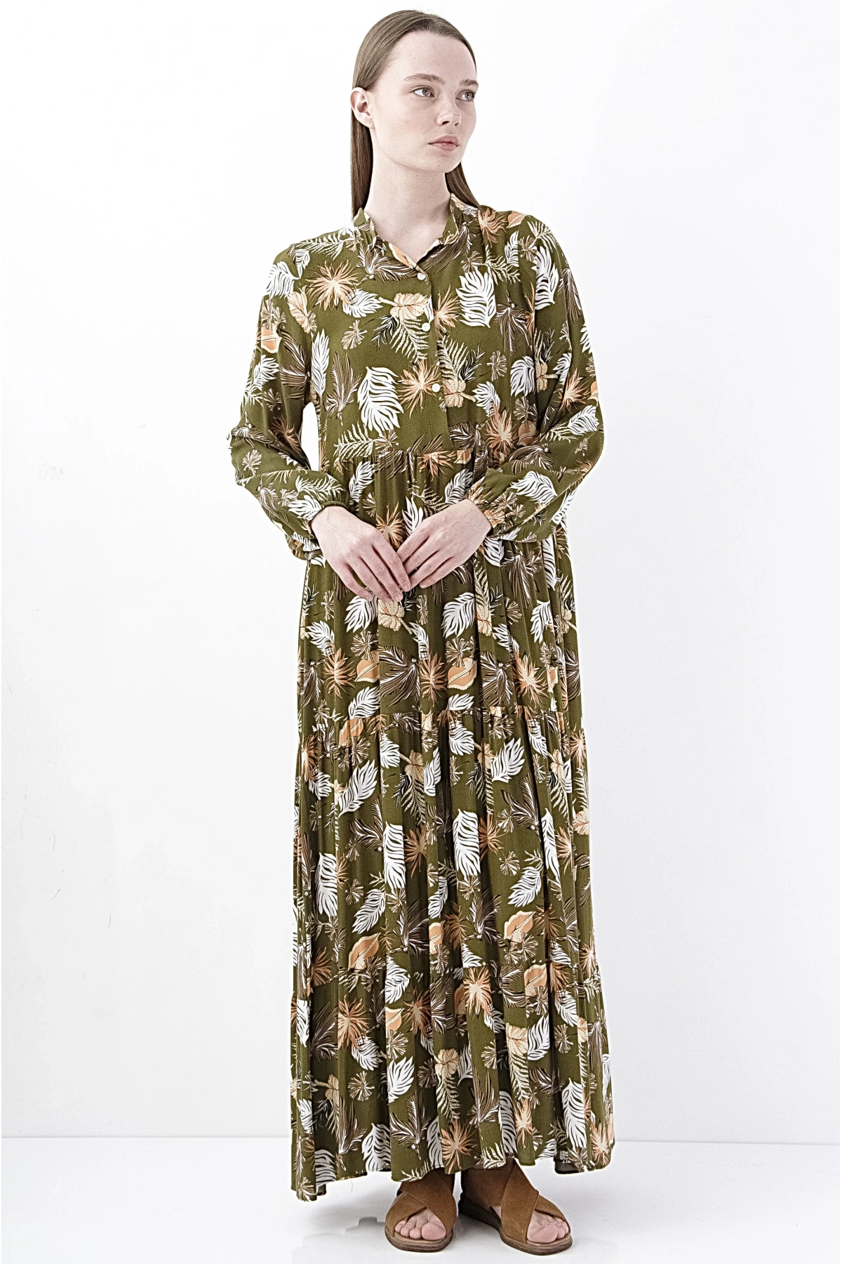 Şık Yeşil Yaprak Desenli Uzun Boho Kadın Elbise