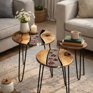 EPOKSİ GERÇEK ÇİÇEK MASİF CEVİZ ZİGON SEHPA