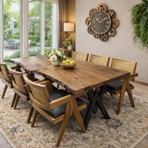 KARE HAZERAN CEVİZ SANDALYE VE DOĞAL KENAR MASA TAKIMI (180*90 cm masa 6 Adet sandalye)