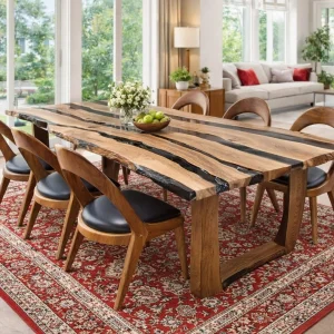 SARE PREMİUM SANDALYE EPOKSİ MASA TAKIMI (200*100 cm masa 6 adet ceviz sandalye)