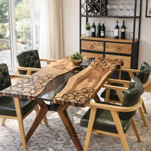 KESTANE GÖMLEK SANDALYE LAZER KESİM EPOKSİ CEVİZ MASA TAKIMI(160*80CM 4 ADET SADALYE)