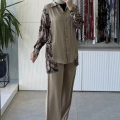 TIĞ TRİKO Leopar Desen Kombinli Dokuma Gömlek Pantolon Takım 5102 Camel