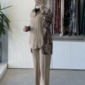 TIĞ TRİKO Leopar Desen Kombinli Dokuma Gömlek Pantolon Takım 5102 Camel