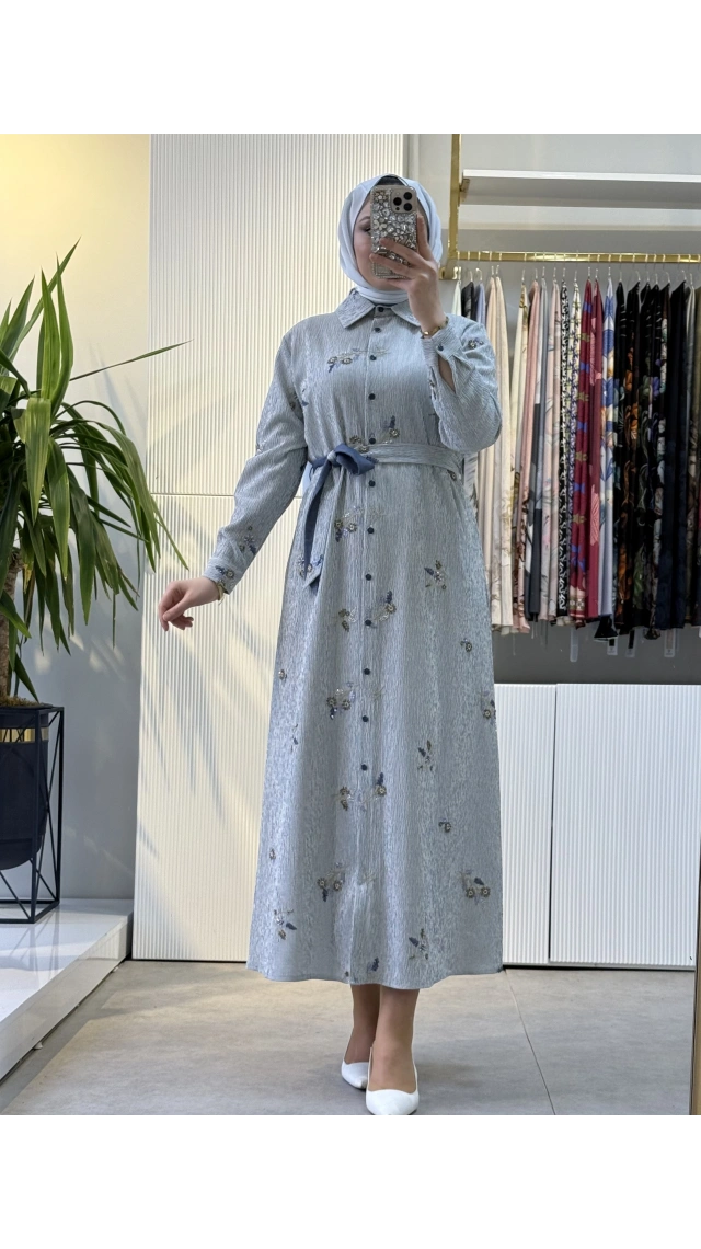 FUAT GÜRSEN Özel Kumaş Payet Motif İşlemeli Önden Bağlamalı Uzun Elbise Orijinal Renk 5104