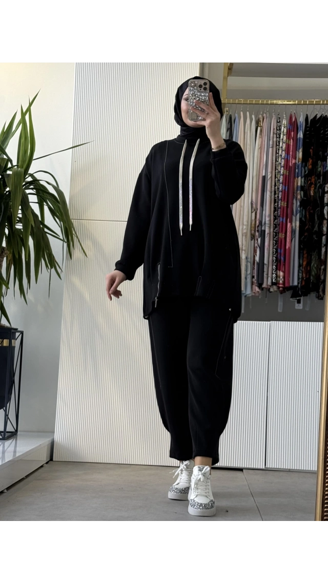 FUAT GÜRSEN Rahat Tunik Pantolon Takım Siyah 4311