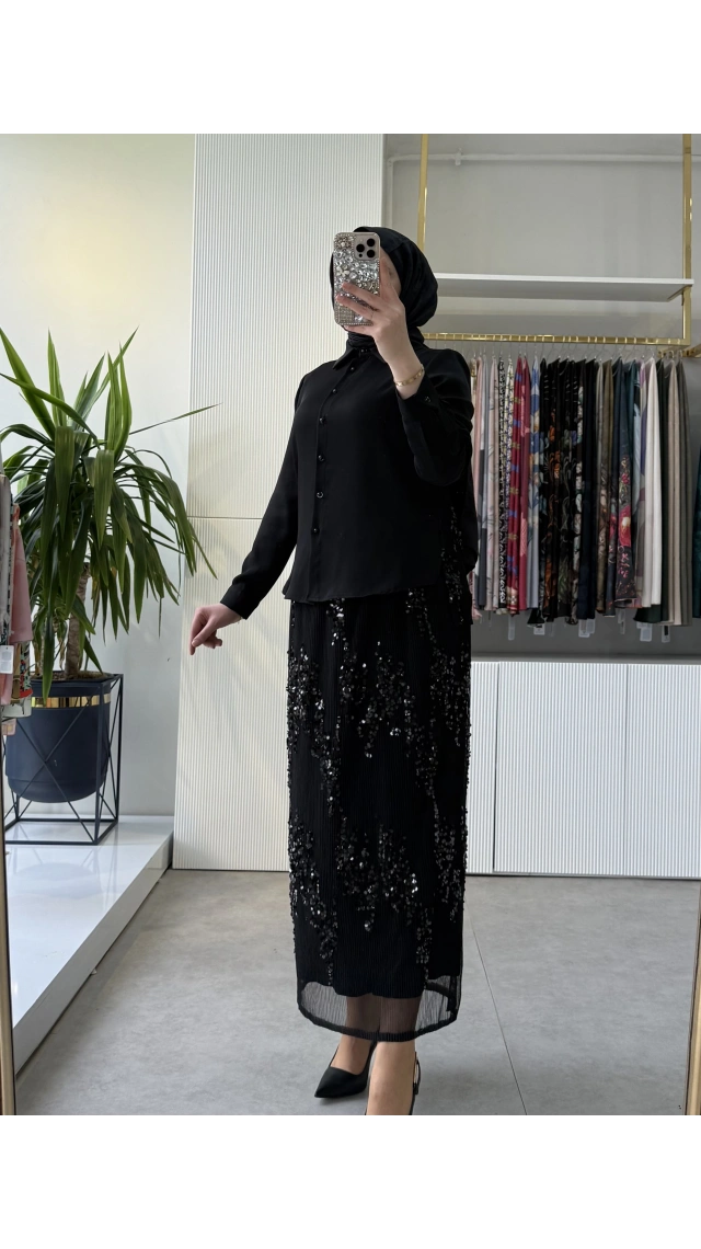 FUAT GÜRSEN Payet İşlemeli Sık Pliseli Tasarım Etek Gömlek Takım 5314