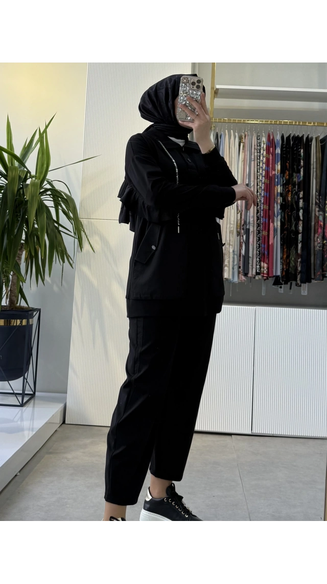 FUAT GÜRŞEN Pırlanta Detaylı Rahat Tasarım Tunik Pantolon Takım Siyah 5302