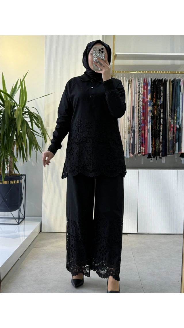 FUAT GÜRSEN Nakış İşlemeli Tunik Pantolon Takım Siyah 5306