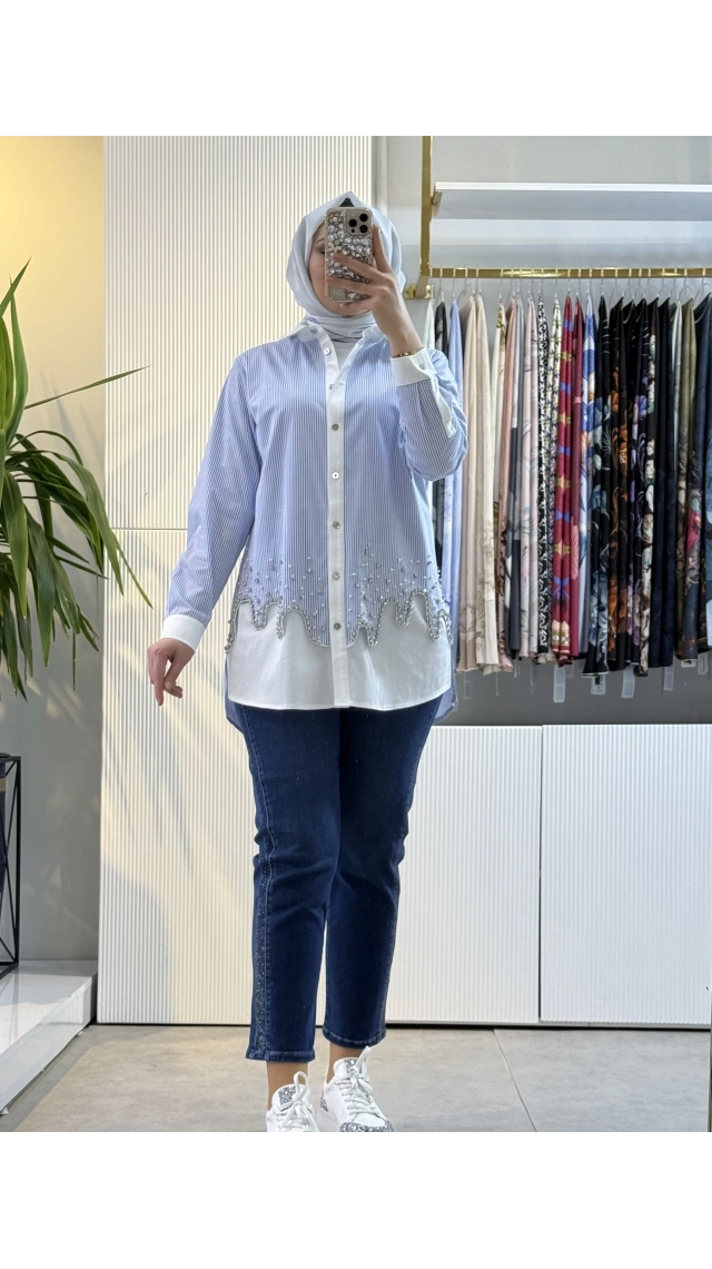 FUAT GÜRSEN Pırlanta İşlemeli Rahat Gömlek Mavi 5304