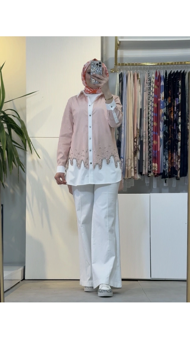 FUAT GÜRSEN Pırlanta İşlemeli Rahat Gömlek Oranj 5304