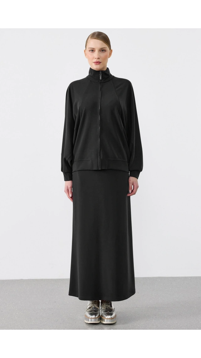 Tığ Triko Pilikaşe Detaylı Fermuarlı Hırka Etekli Takım SİYAH