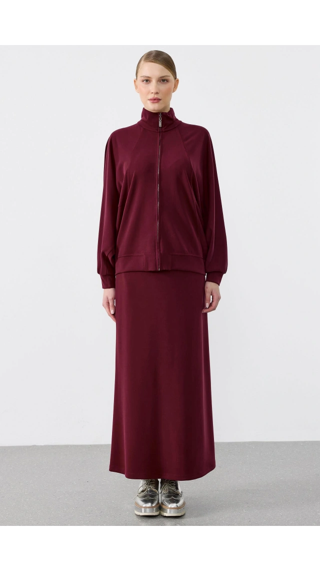 Tığ Triko Pilikaşe Detaylı Fermuarlı Hırka Etekli Takım BORDO