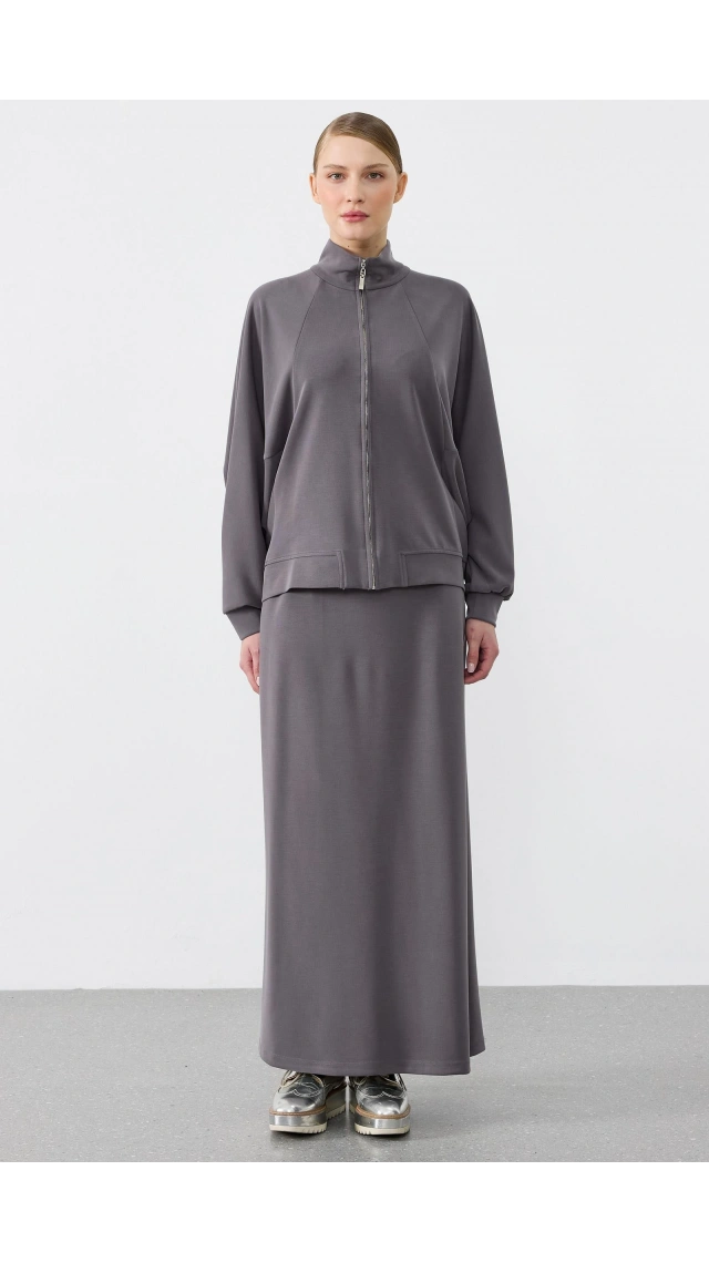 Tığ Triko Pilikaşe Detaylı Fermuarlı Hırka Etekli Takım ANTRASİT