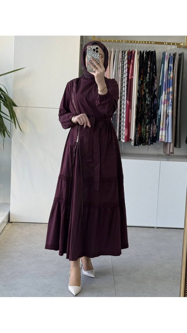 MissWhence 39807 Fermuar ve Dikiş Detaylı Poplin Elbise Bordo