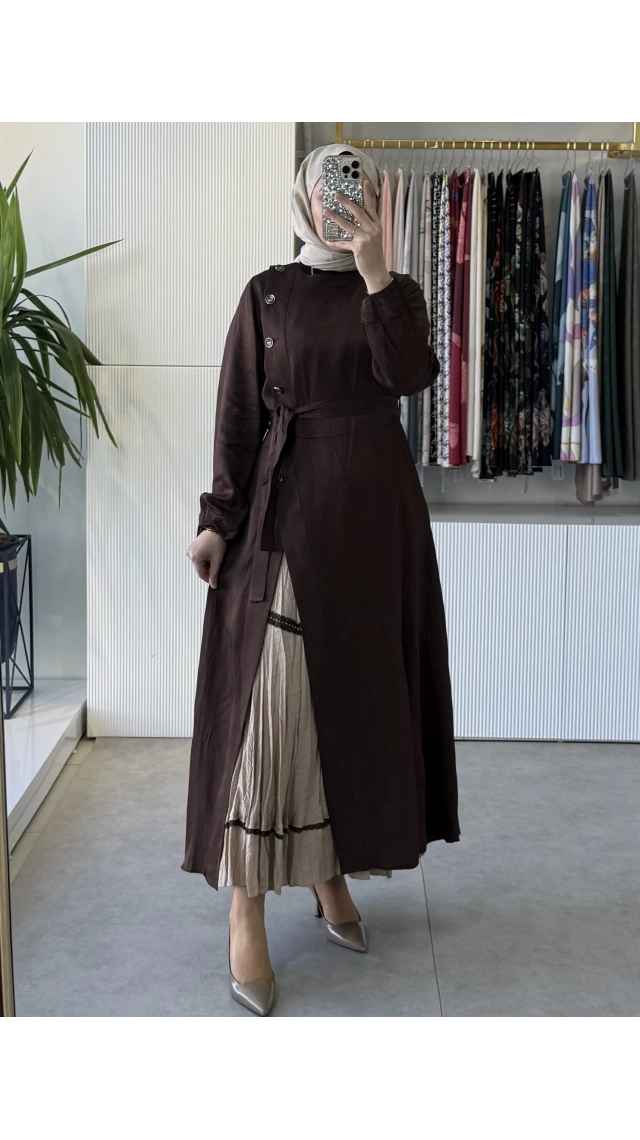 MissWhence 39806 İpek Keten İkili Elbise Kahverengi