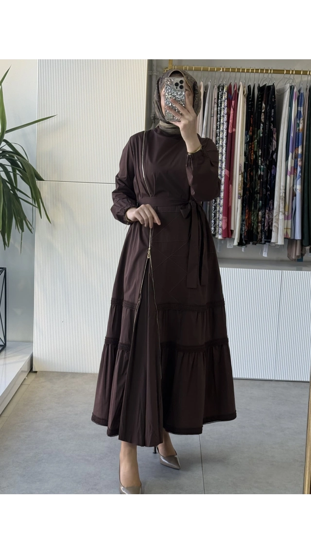 MissWhence 39807 Fermuar ve Dikiş Detaylı Poplin Elbise Kahverengi