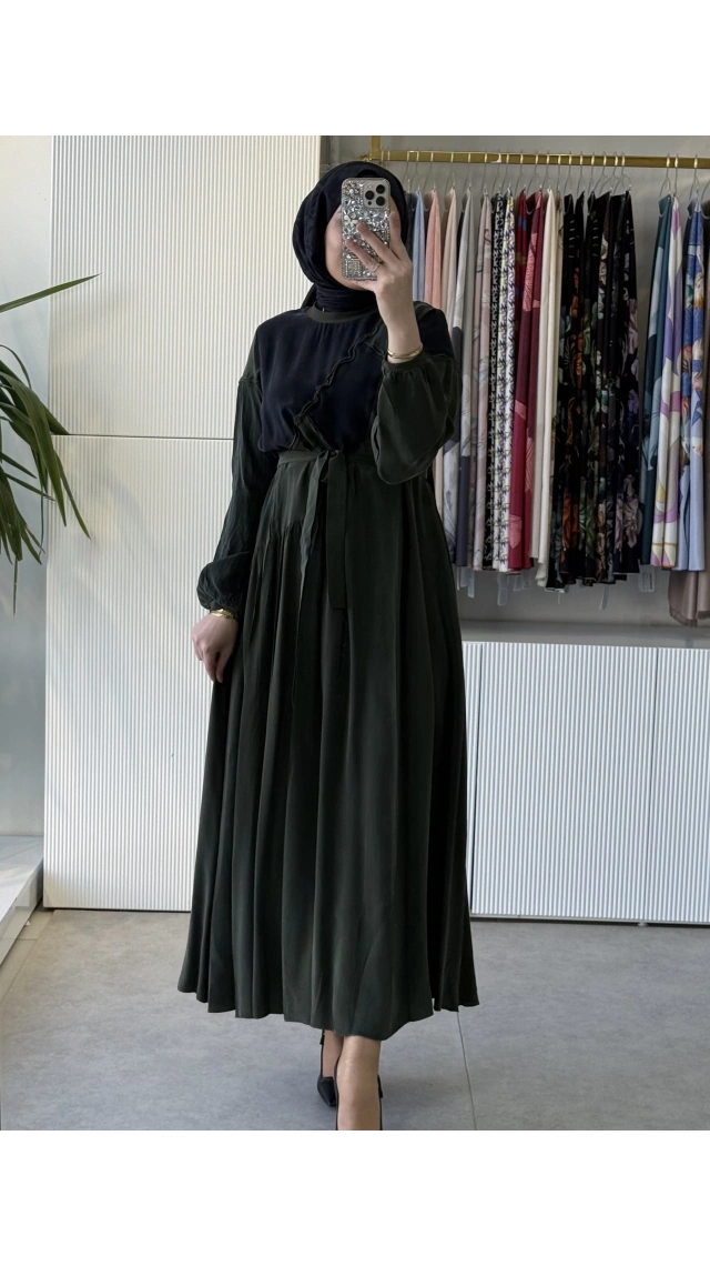 MissWhence 39801 Patchwork İpek Elbise Haki