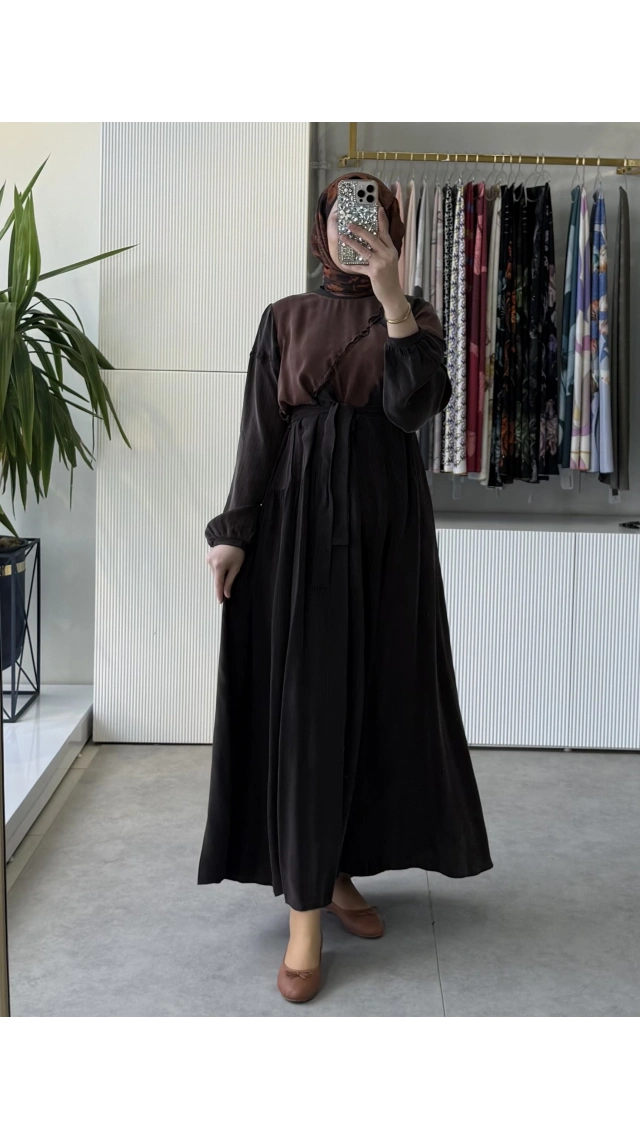 MissWhence 39801 Patchwork İpek Elbise Kahverengi