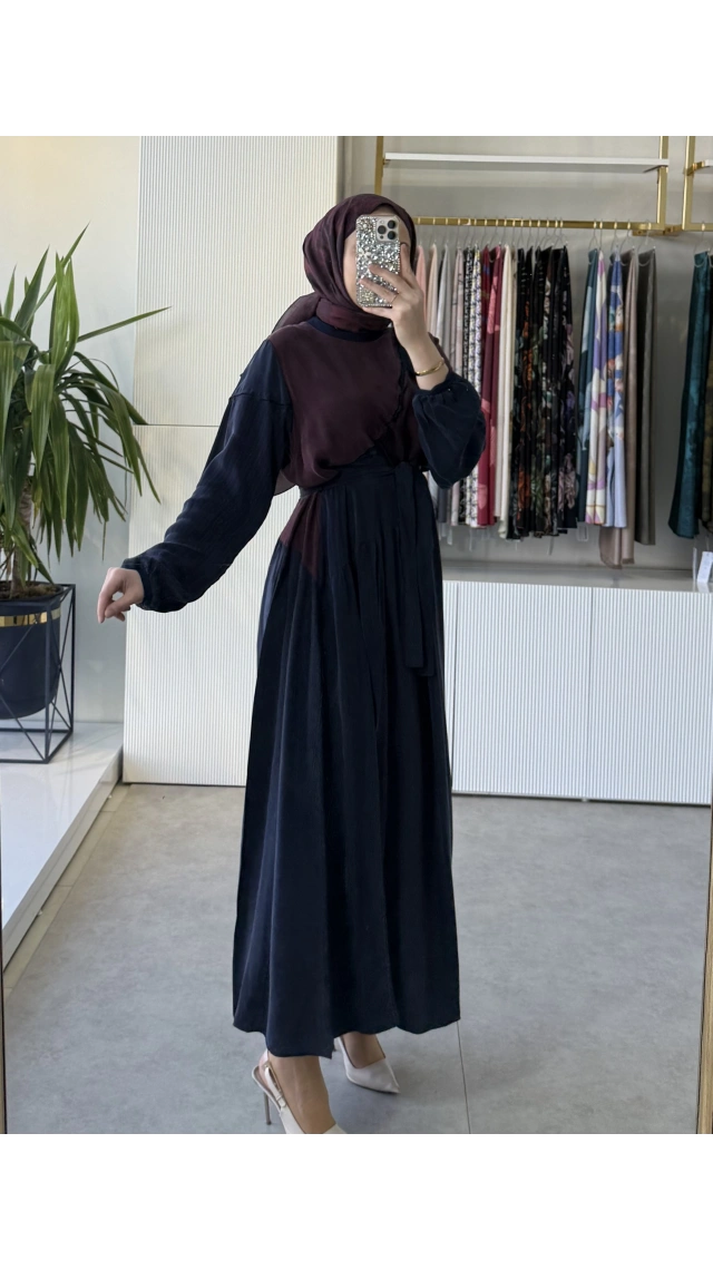 MissWhence 39801 Patchwork İpek Elbise Lacivert