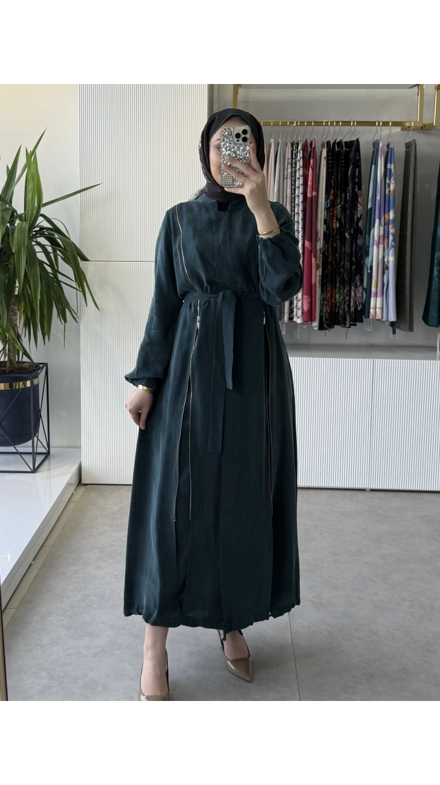 Misswhence 39501 Fermuar Detaylı İpek Ferace Yeşil