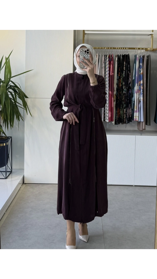 Misswhence 39501 Fermuar Detaylı İpek Ferace Bordo