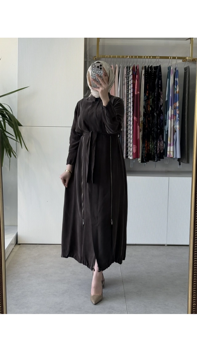 Misswhence 39501 Fermuar Detaylı İpek Ferace Kahverengi