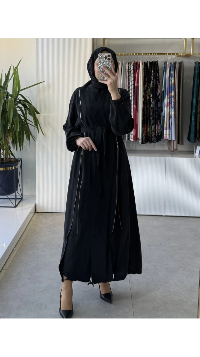 Misswhence 39501 Fermuar Detaylı İpek Ferace Siyah