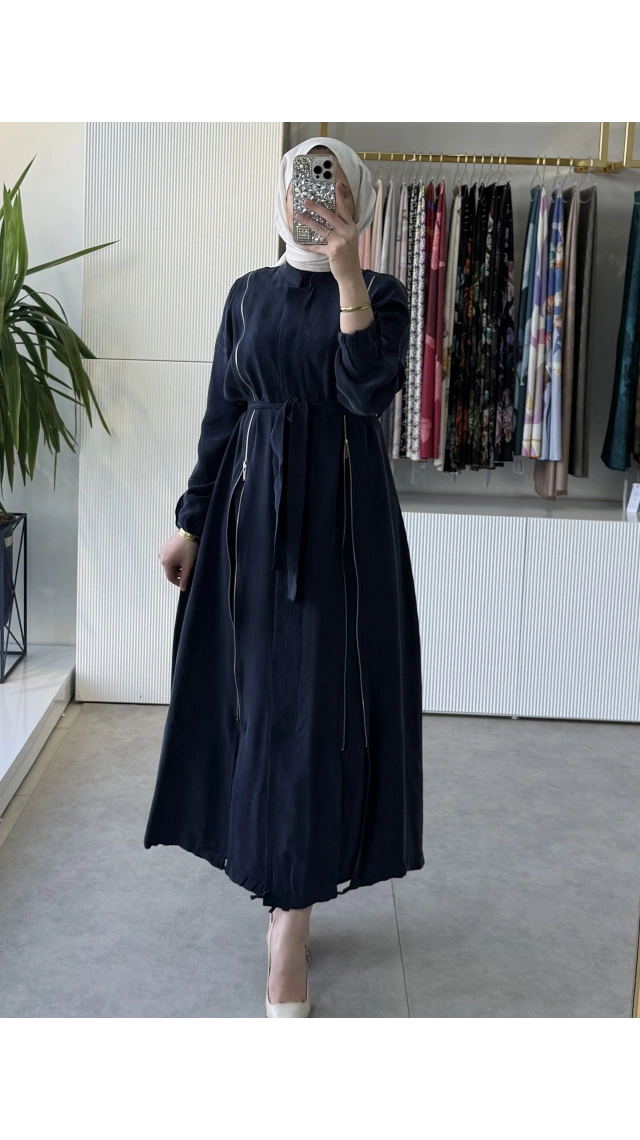 Misswhence 39501 Fermuar Detaylı İpek Ferace Lacivert