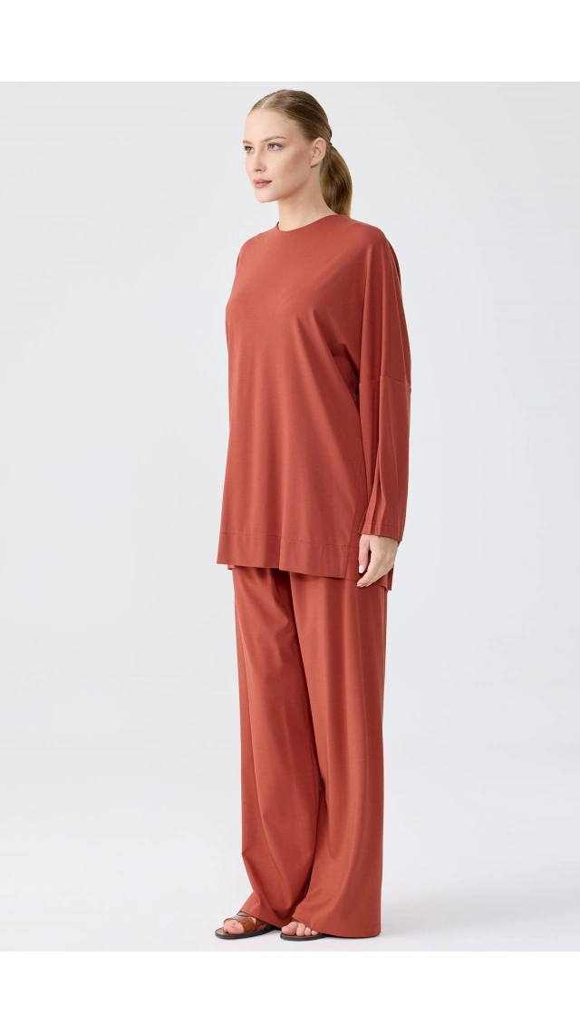 TIĞ TRİKO NERVÜR DETAYLI TUNİK PANTOLON TAKIM KİREMİT