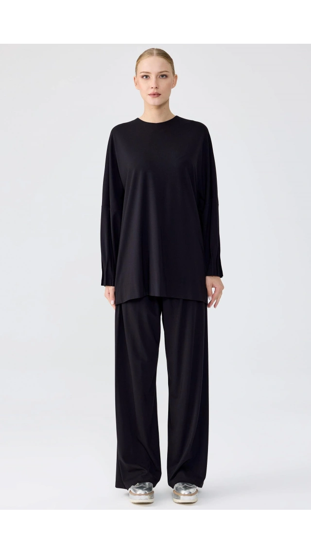 TIĞ TRİKO NERVÜR DETAYLI TUNİK PANTOLON TAKIM SİYAH