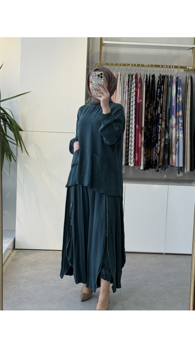 MissWhence 39004 Fermuar Detaylı Şalvarlı İpek Takım Yeşil