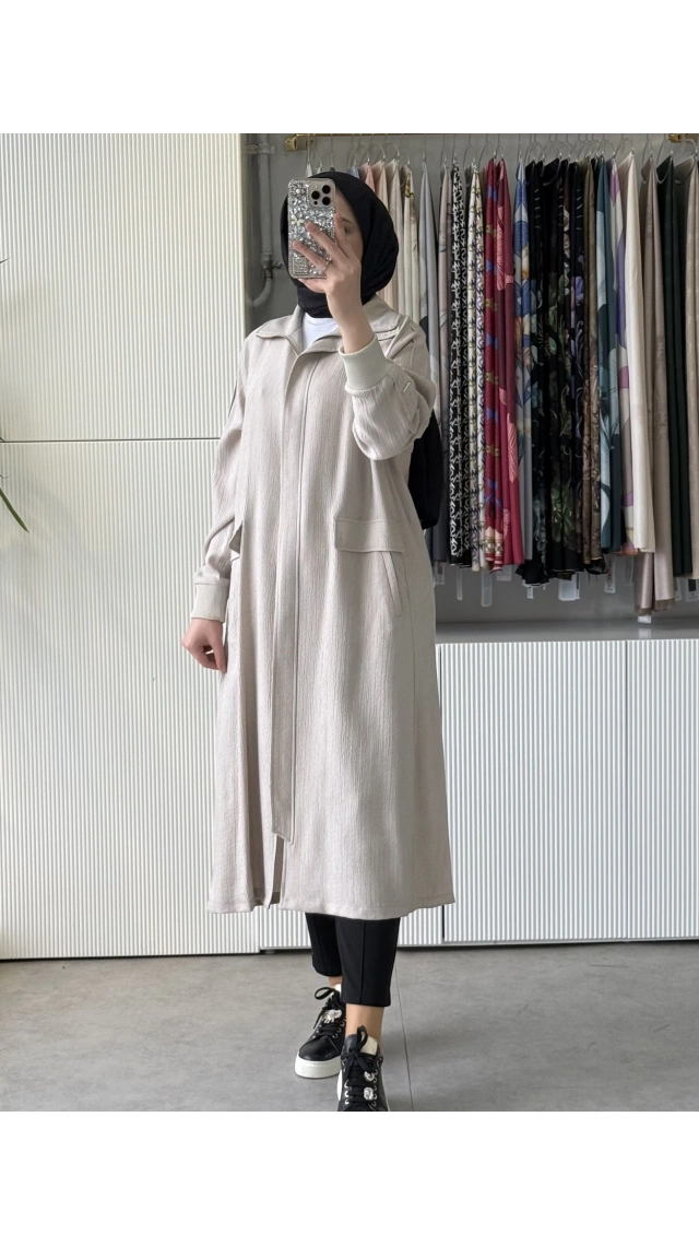 FUAT GÜRSEN Kırıştırma Kumaş Önden Fermuarlı Tasarım Kap Taş 5607