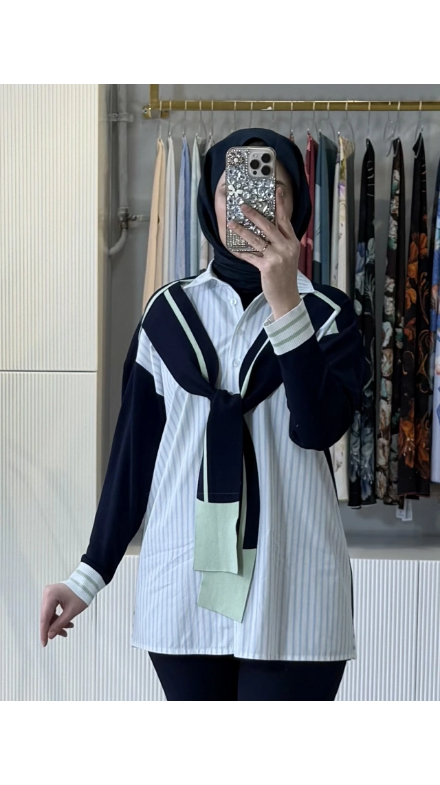 TIĞ TRİKO Önden Bağlamalı Triko Detaylı Gömlek Lacivert