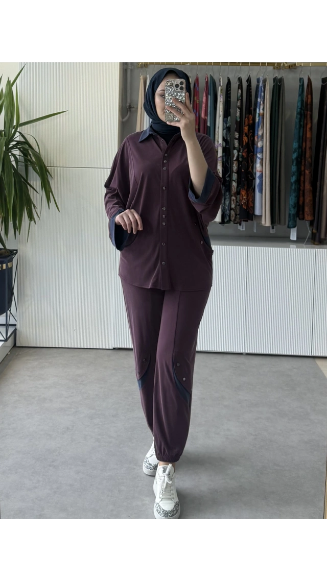 TIĞ TRİKO Kontrast Renk Garnili Metal Çıtçıtlı Tunik Pantolon Takım Bordo