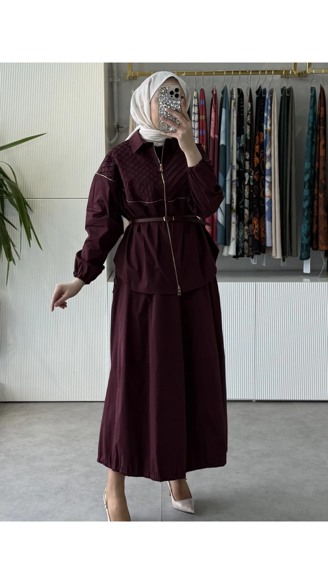 MissWhence 39307 Drape ve Fermuar Detaylı Ceket Etek Takım Bordo