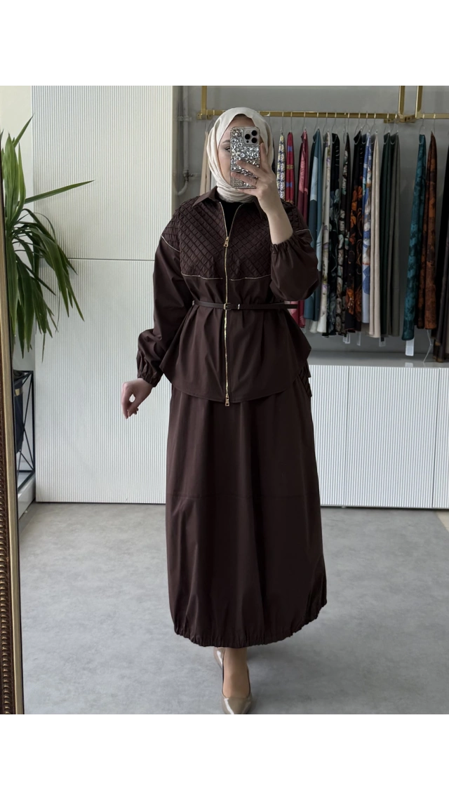 MissWhence 39307 Drape ve Fermuar Detaylı Ceket Etek Takım Kahve