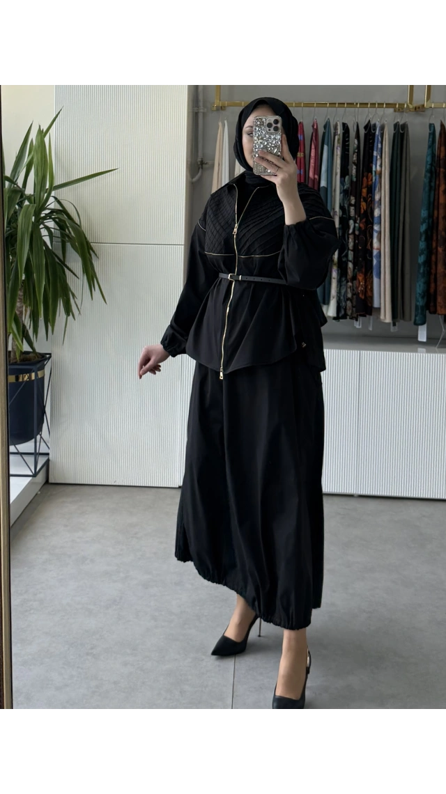 MissWhence 39307 Drape ve Fermuar Detaylı Ceket Etek Takım Siyah