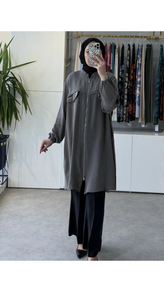 MissWhence 39310 Önü Fermuarlı İpek Gömlek Gri