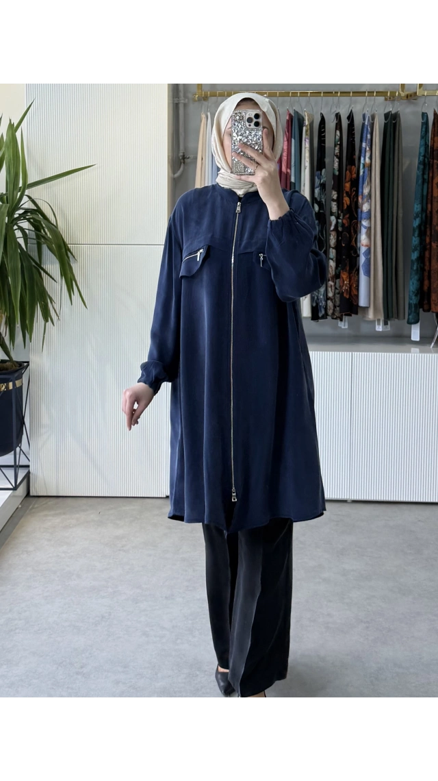 MissWhence 39310 Önü Fermuarlı İpek Gömlek İndigo