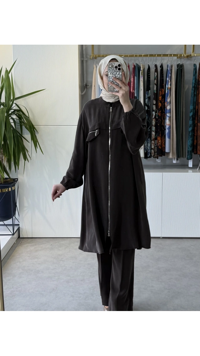 MissWhence 39310 Önü Fermuarlı İpek Gömlek Kahve