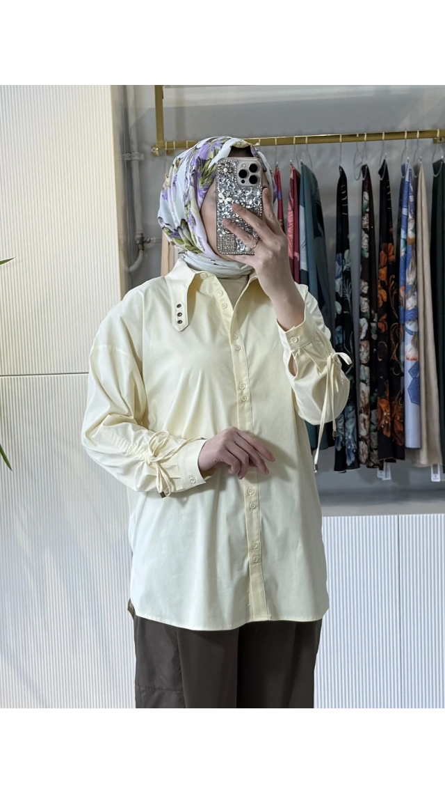 TIĞ TRİKO Kuşgözü Özellikli Yaka Rahat Kalıp Büzgülü Kol Detaylı Gömlek 4043 Sarı