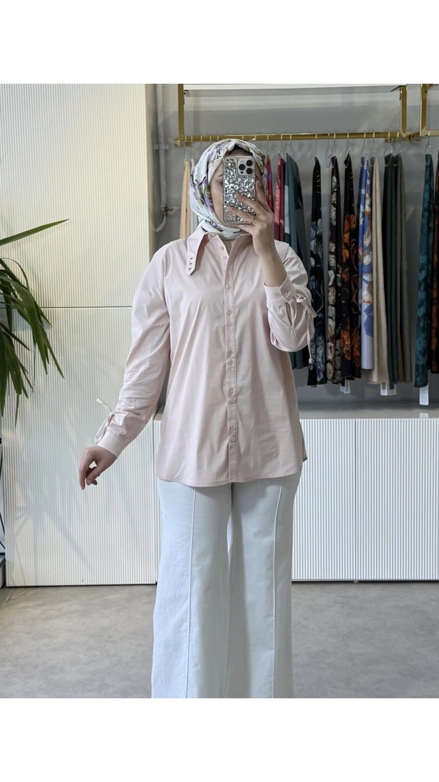 TIĞ TRİKO Kuşgözü Özellikli Yaka Rahat Kalıp Büzgülü Kol Detaylı Gömlek 4043 Pembe