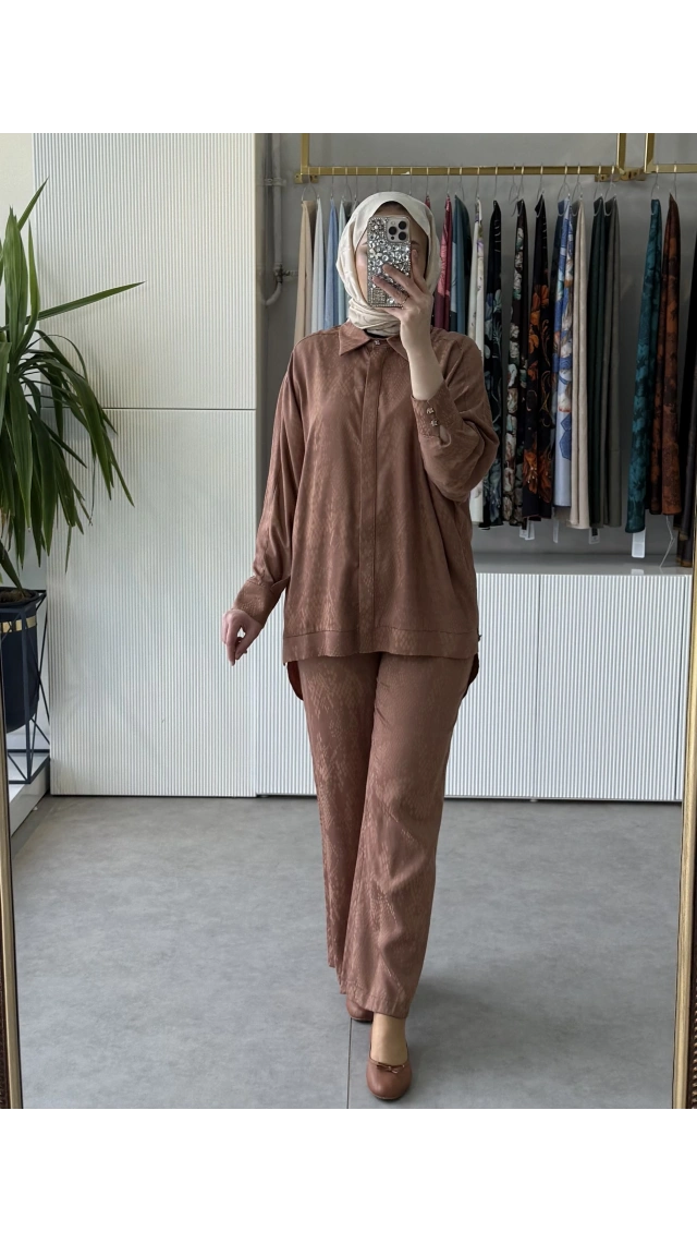TIĞ TRİKO Desen Mixli Gömlek Pantolon Takım 5021 Camel
