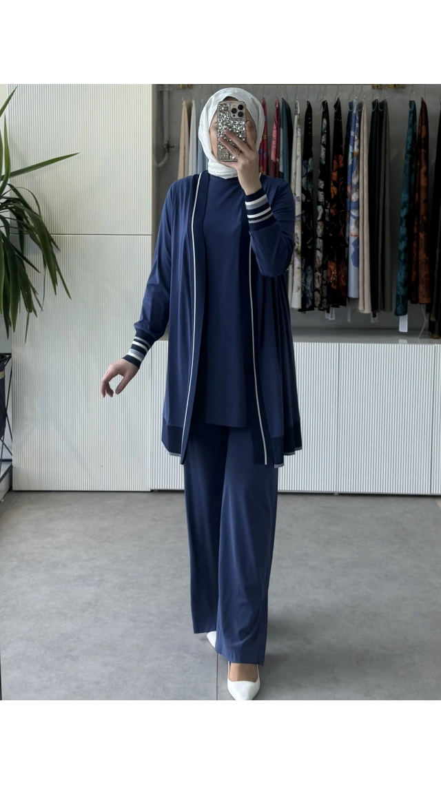 TIĞ TRİKO Çizgili Ribana Detaylı İçi Atletli 3Lü Takım 5112 İndigo