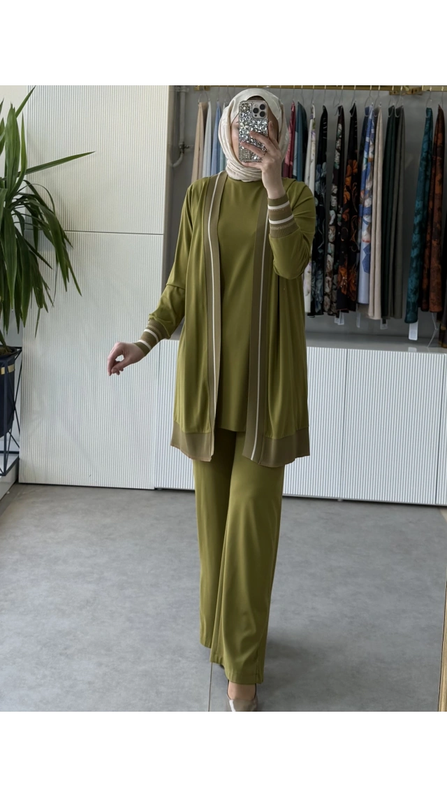 TIĞ TRİKO Çizgili Ribana Detaylı İçi Atletli 3Lü Takım 5112 Olive