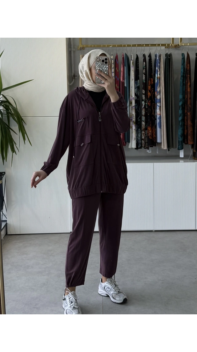 TIĞ TRİKO Rahat Kesim Kapüşonlu Metal Taşlı Üst Ve Pantolon Takım 5128 Bordo