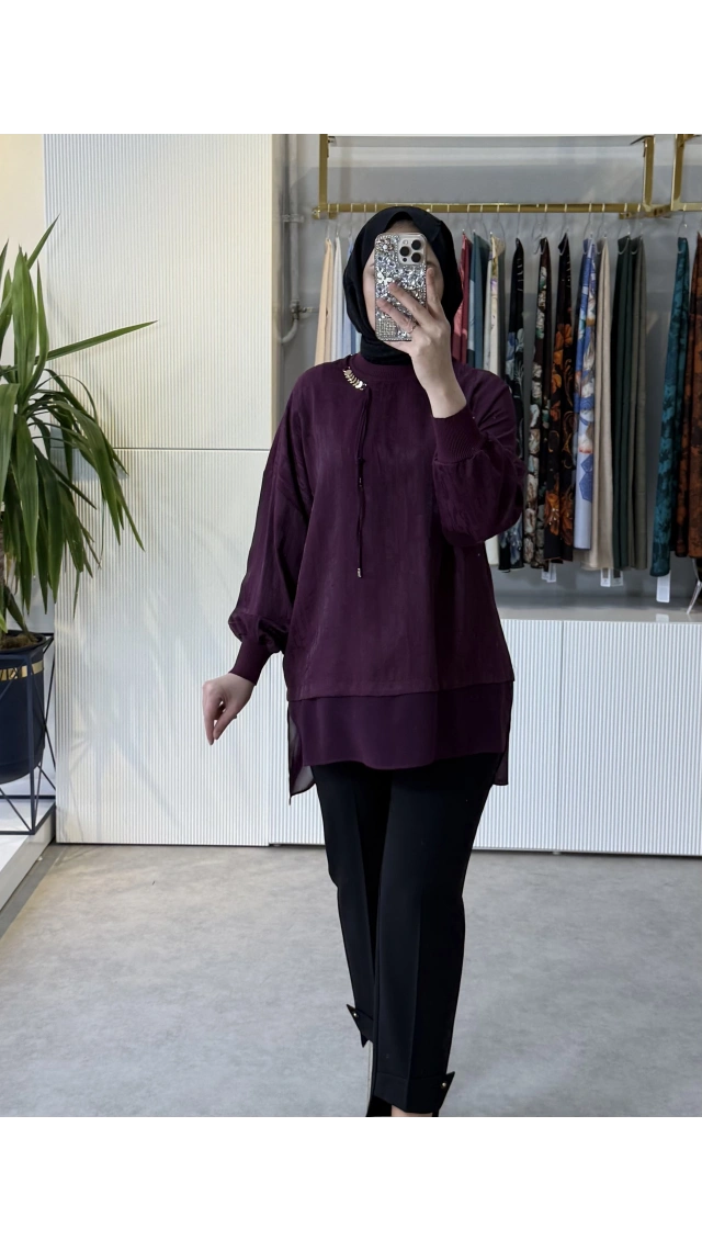 TIĞ TRİKO Şifon Kombinli Metal Tokalı Triko Tunik 21997 Mürdüm