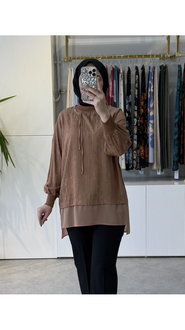 TIĞ TRİKO Şifon Kombinli Metal Tokalı Triko Tunik 21997 Karamel