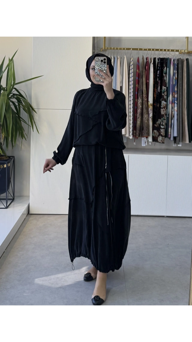 MissWhence 39020 Ters Dikiş Detaylı İpek Takım Siyah