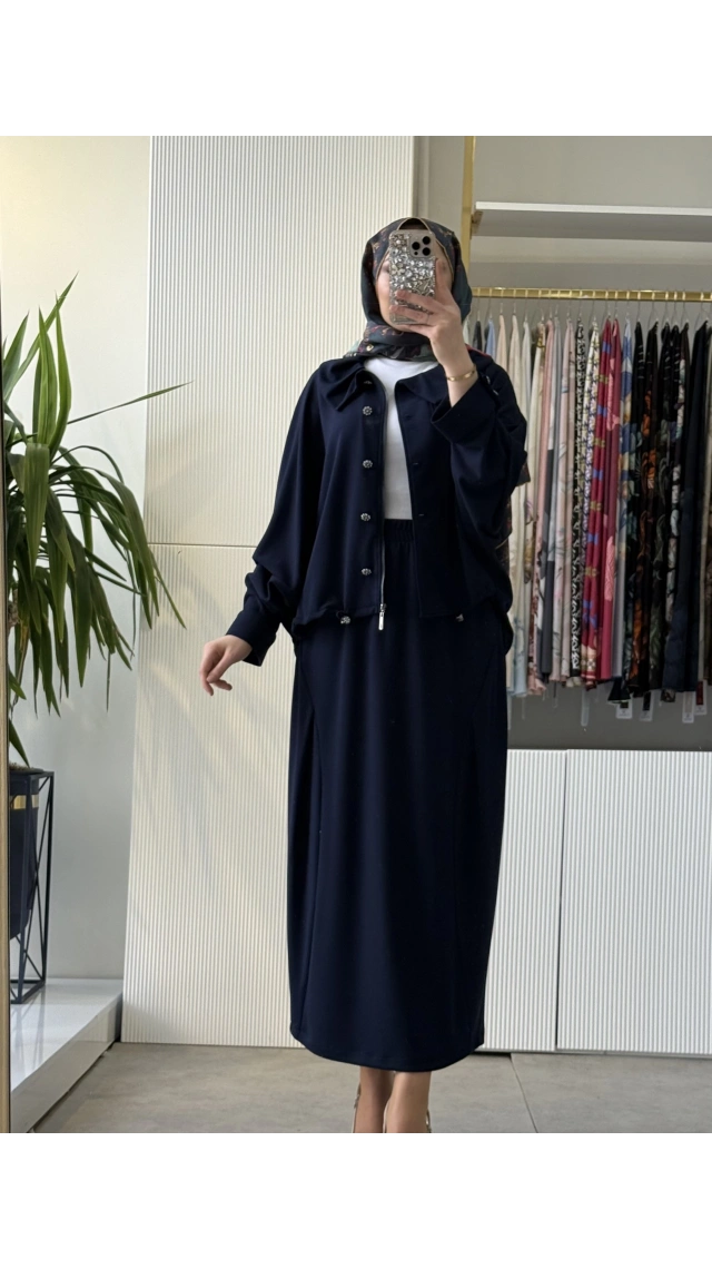 FUAT GÜRSEN Yarasa Kol Tasarım Tunik Rahat Pantolon Takım Lacivert 5307